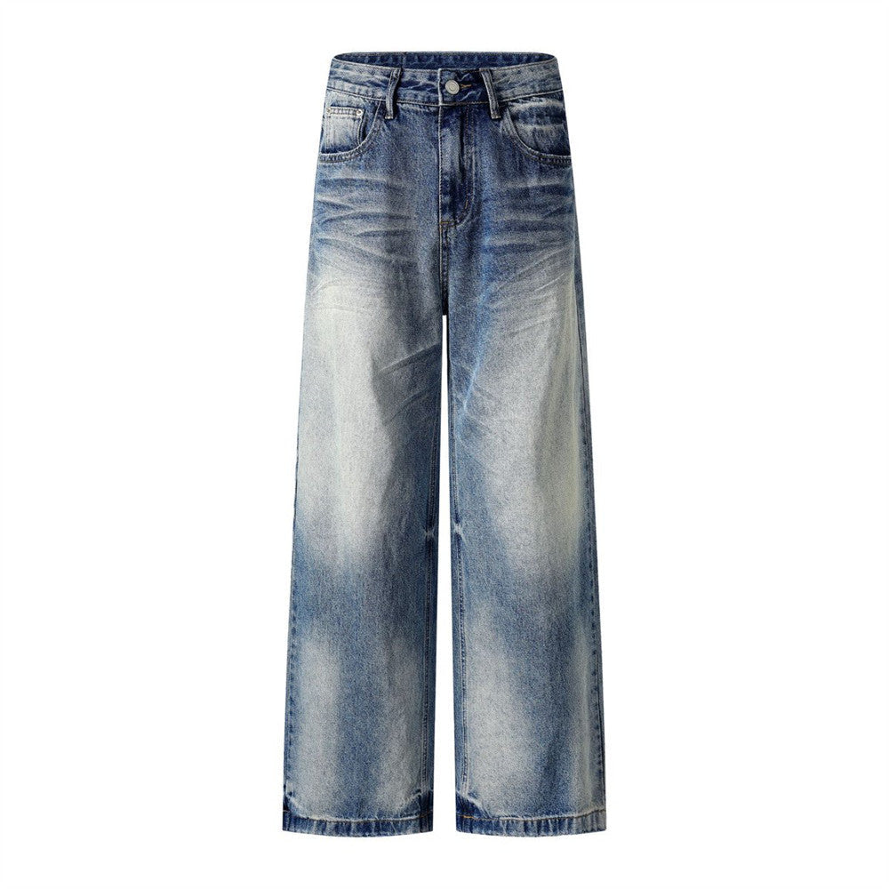 Washed Faded Denim Long Pants Clean Fit Punk Loose Wide Leg Dad Trousers Men's Distressed Ripped Straight Leg Jeans