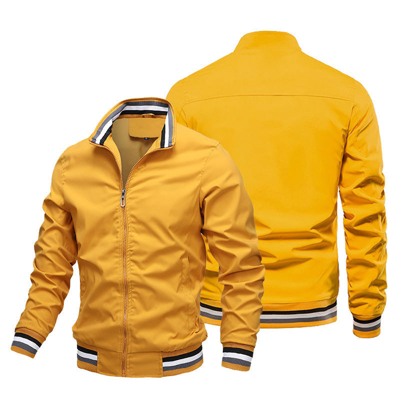2026 New Men Striped Rib Stand Collar Bomber Jacket Solid Black Zip Up Lightweight Windbreaker Striped Cuff Hem Casual Baseball Coat Outdoor Daily Streetwear Outerwear