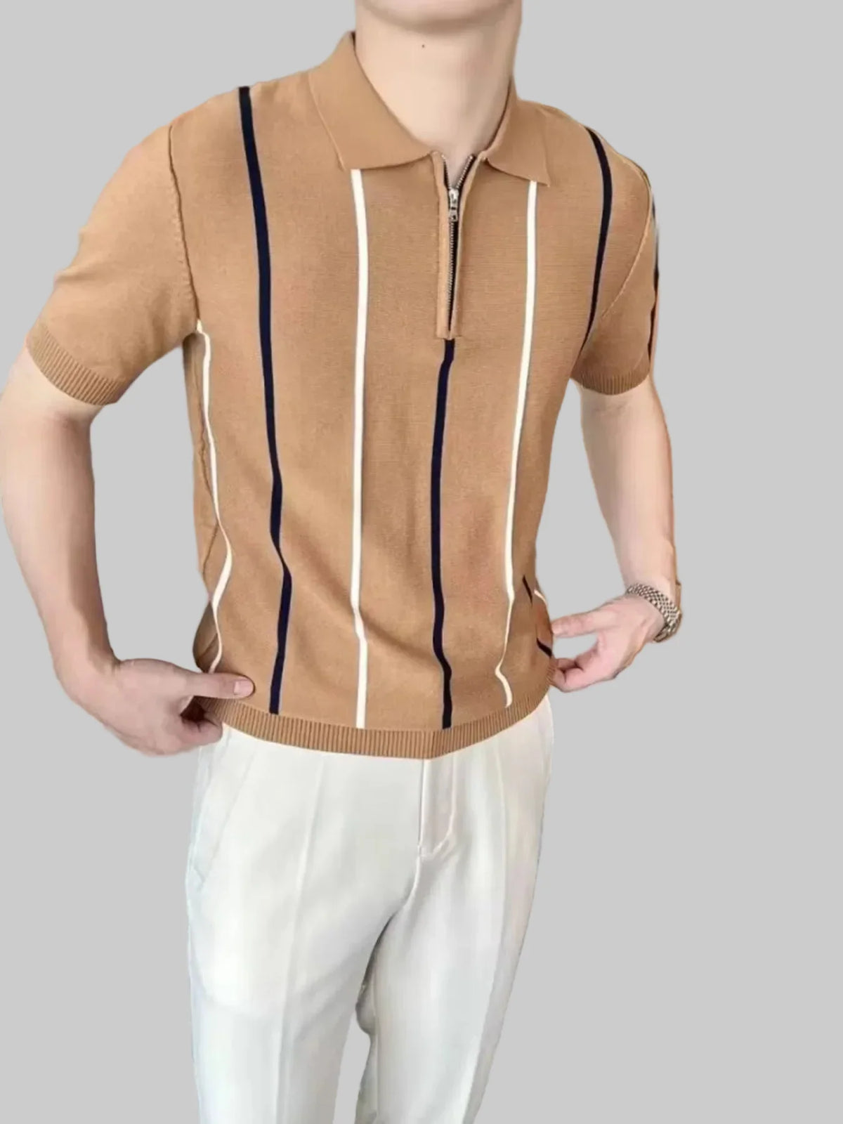 Men's Full Size Striped Zip Collar Short Sleeve Knit Polo Shirt