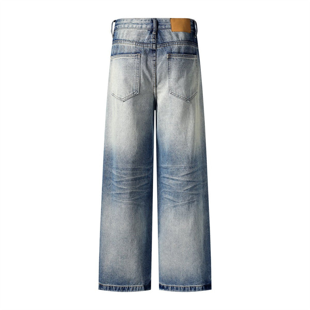 Washed Faded Denim Long Pants Clean Fit Punk Loose Wide Leg Dad Trousers Men's Distressed Ripped Straight Leg Jeans