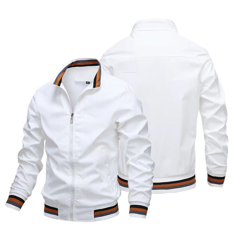 2026 New Men Striped Rib Stand Collar Bomber Jacket Solid Black Zip Up Lightweight Windbreaker Striped Cuff Hem Casual Baseball Coat Outdoor Daily Streetwear Outerwear