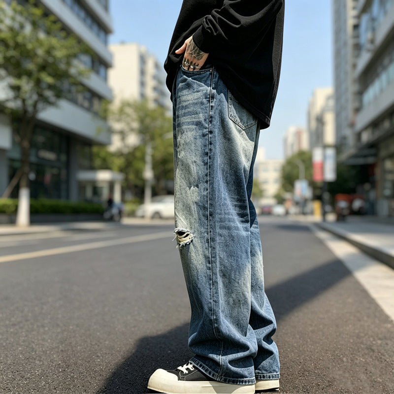 Mens Distressed Washed Ripped Baggy Straight Leg Denim Jeans