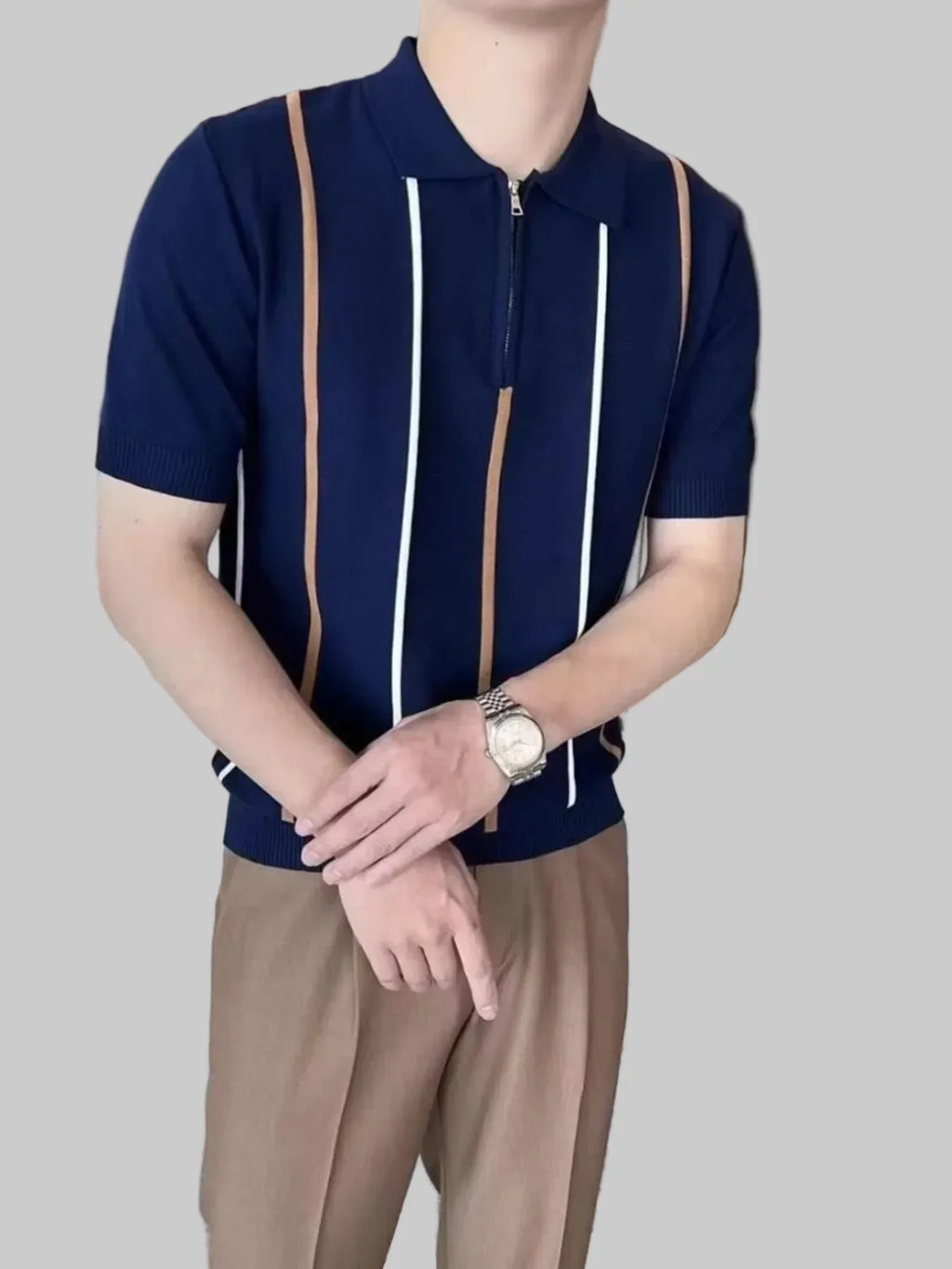 Men's Full Size Striped Zip Collar Short Sleeve Knit Polo Shirt